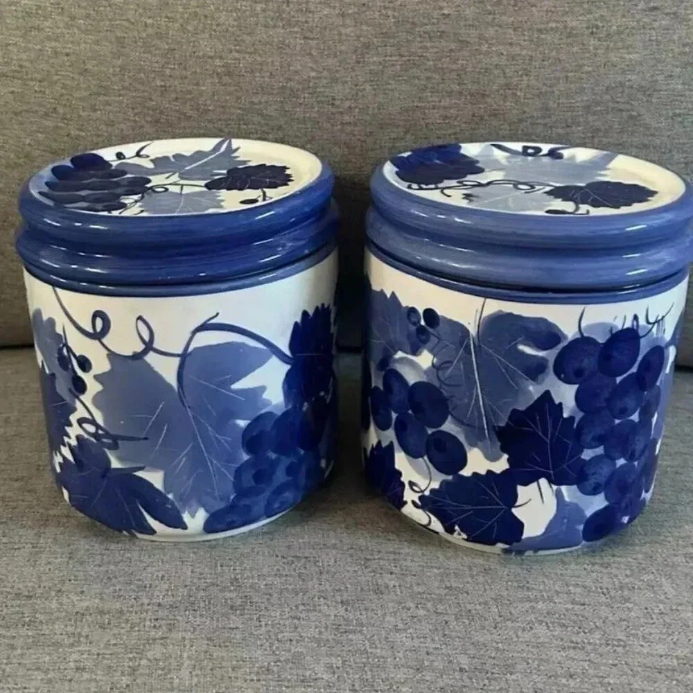 Pair of Hand Painted Blue & White Grapes & Vines Canisters + Lid